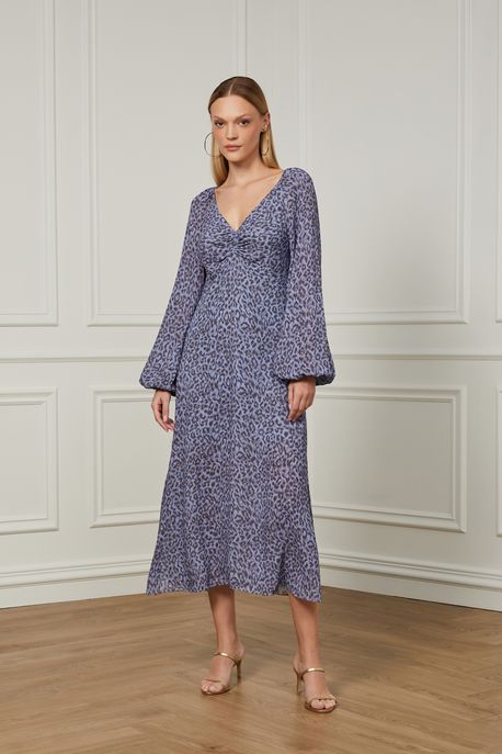 Vestido Midi Com Decote v Franzido e Manga Longa Estampa Onça Est Onca Rajada Nuvem - 36