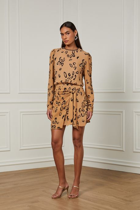 Vestido Curto Com Saia Sobreposta e Amarração Na Cintura Estampa Onça Est Onca Pintura Bege Rum e Preto - 42