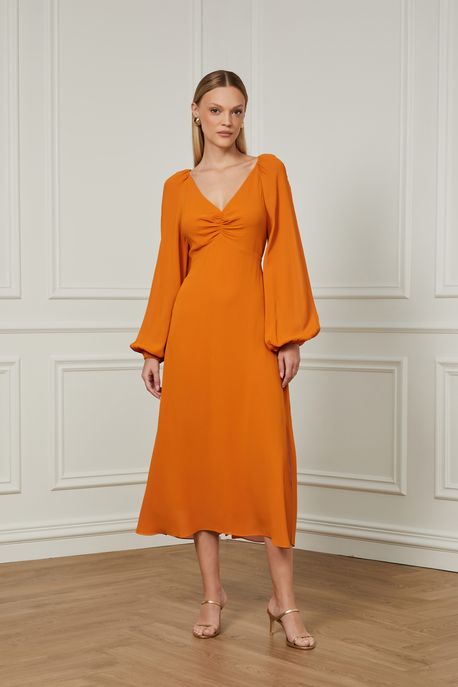 Vestido Midi Com Decote v e Manga Longa Caramelo Caramelo Golden - 42