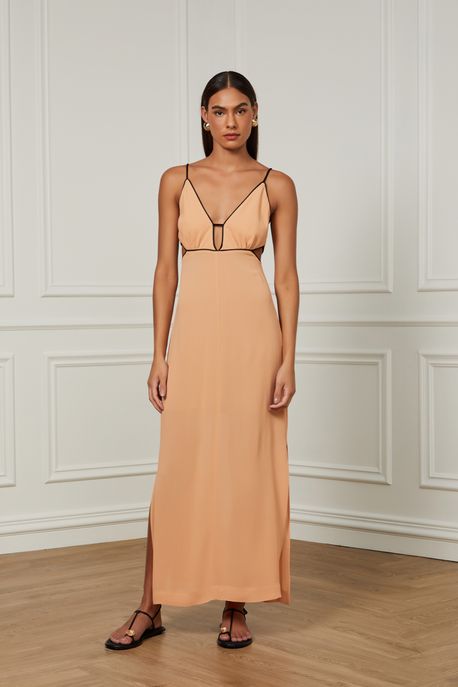 Vestido Longo Com Decote v e Detalhe Vivos Preto e Bege Bege Toast - 42