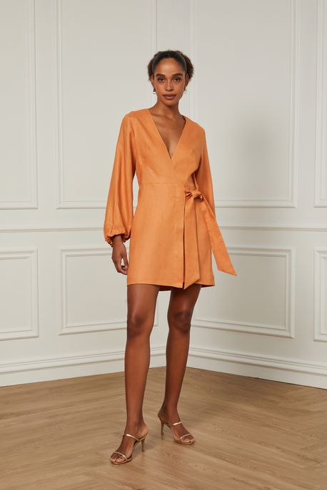 Vestido De Linho Curto Cachecouer Decote v e Manga Longa Liso Nude Bronze - 38