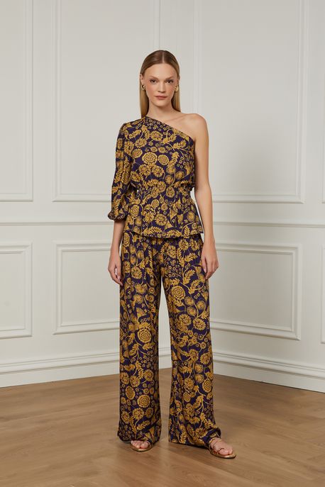 Calça Saruel Com Pala De Lastex Estampado Floral Est Floral Porcelana Eclipse e Ouro - 42