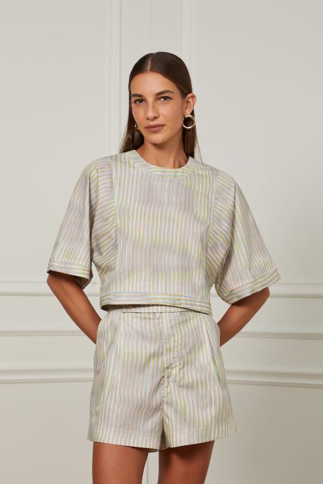 Blusa De Algodão Manga Curta Com Cava Quadrada Est Listra Manchada Oceanico e Baunilha - 40