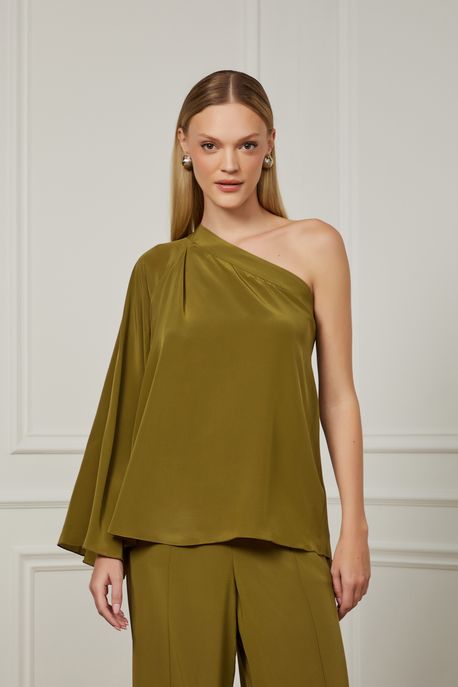 Blusa De Seda Um Ombro Só e Manga Bufante Verde Figo - 44