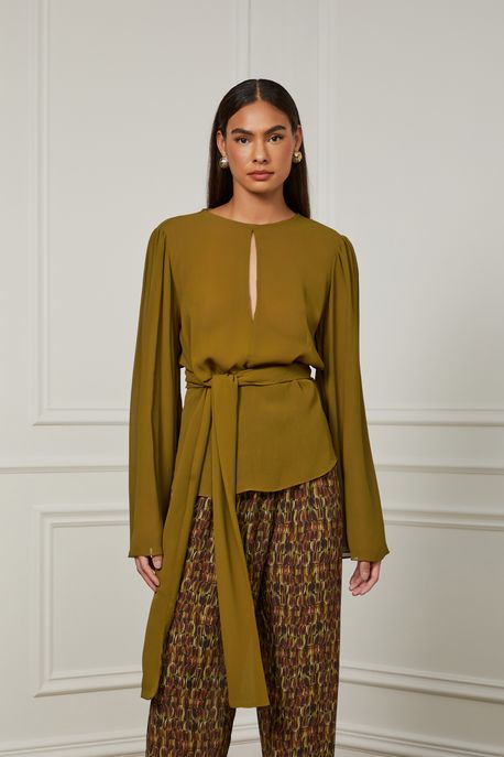 Blusa De Manga Longa Detalhe Gota No Decote Amaração Verde Verde Figo - 40