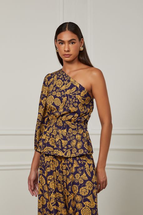 Blusa Decote Um Ombro Só Manga Longa Com Detalhe De Lastex Na Cintura Estampada Floral Est Floral Porcelana Eclipse e Ouro - 42