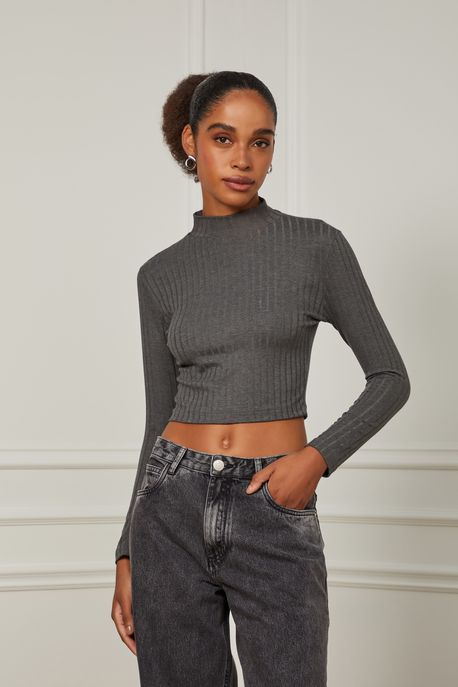 Blusa De Malha Canelada Manga Longa Com Gola Alta Mescla Mescla Escuro - M