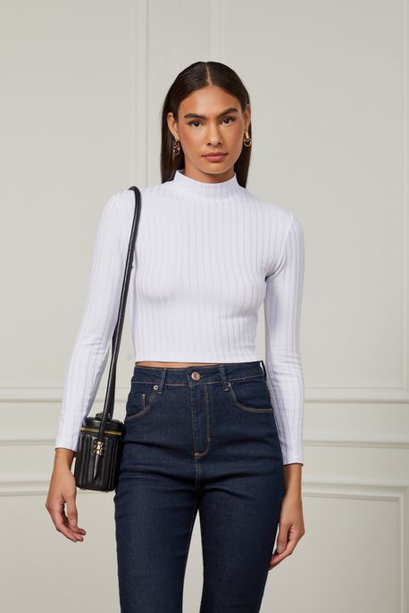 Blusa De Malha Canelada Manga Longa Com Gola Alta Off Branco - M