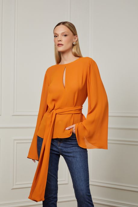 Blusa De Manga Comprida e Detalhe Gota No Decote Amarração Caramelo Caramelo Gonden - 40