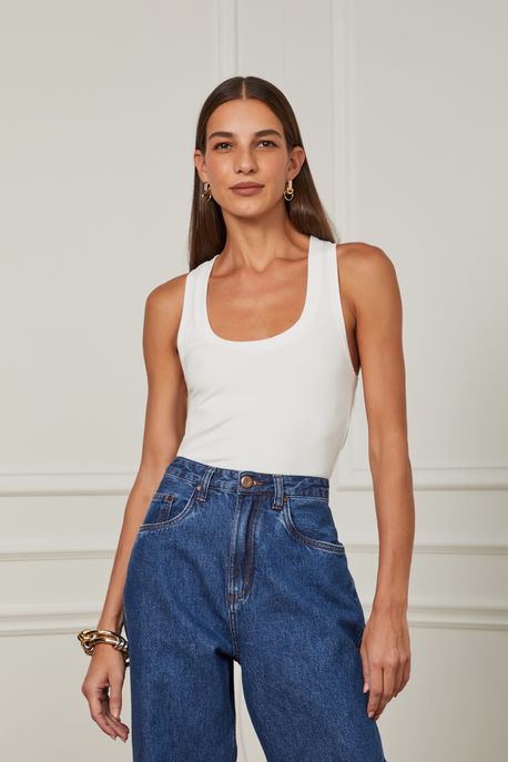 Blusa Regata De Malha Decote Nadador Detalhe Debrum Off White - G