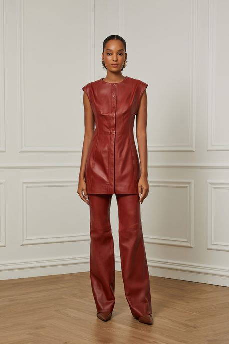 Calca De Couro Mini Flare Pence Longa Vermelho Terroso - 36