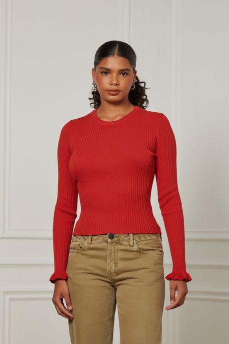 Blusa De Tricot Manga Longa e Franzido Nas Costas Vermelho Terroso - P