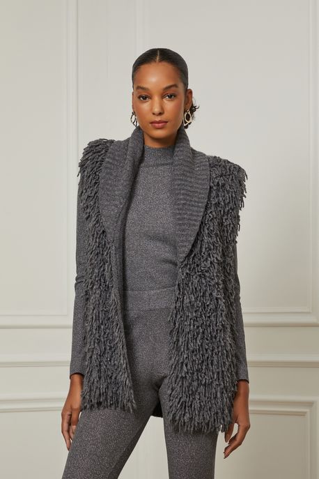 Colete De Tricot Com Gola Canelada e Detalhe Plush Mescla Mescla - P