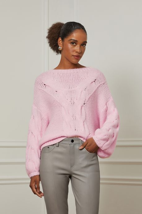 Pull Oversized De Tricot Com Manga Trançada Rosa Rosa Doce - M