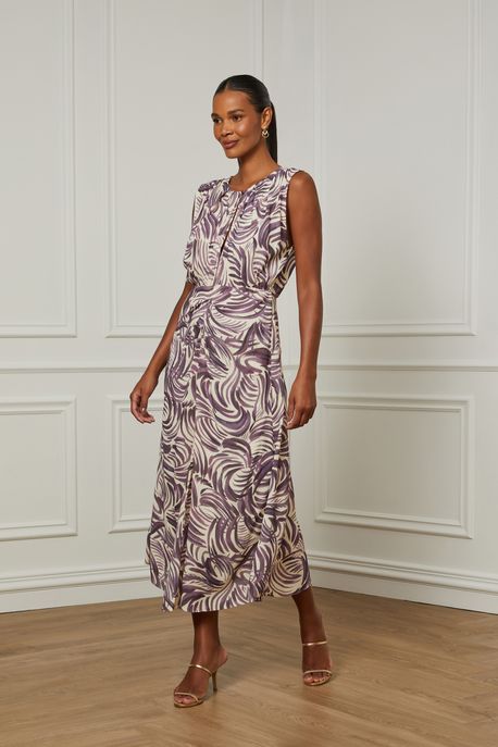 Vestido De Georgette Pesado Midi Com Pregas Estampado Est Textura Plumas Color - 34