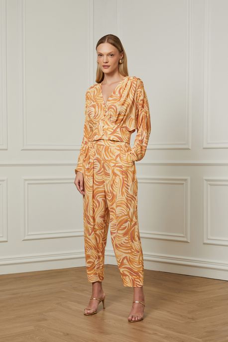 Calça De Georgette Pesado Com Pregas Estampada Est Pois Confeti Plum - 42