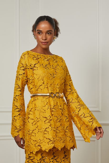 Túnica De Renda Mostarda Com Manga Sino Mostarda - 42