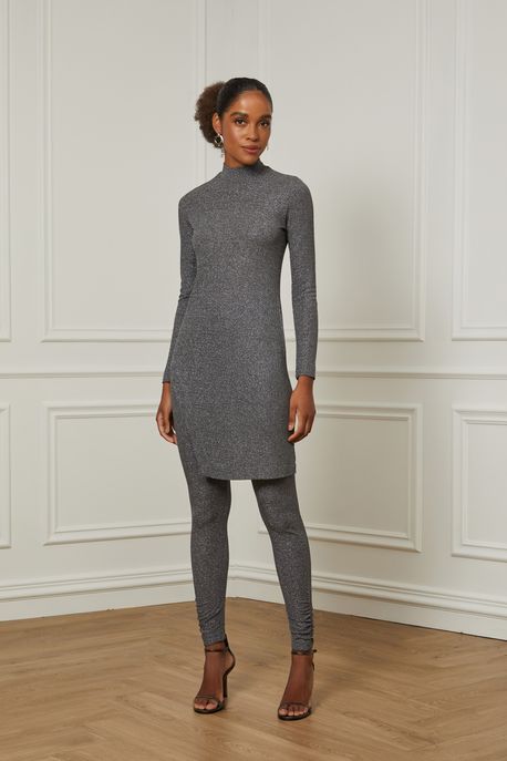 Tunica De Malha Canelada Brilho Silver Com Manga Longa Cinza - PP