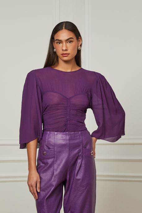 Blusa De Georgette Pesado Franzido Roxa Manga Ampla Roxo Plum - 36