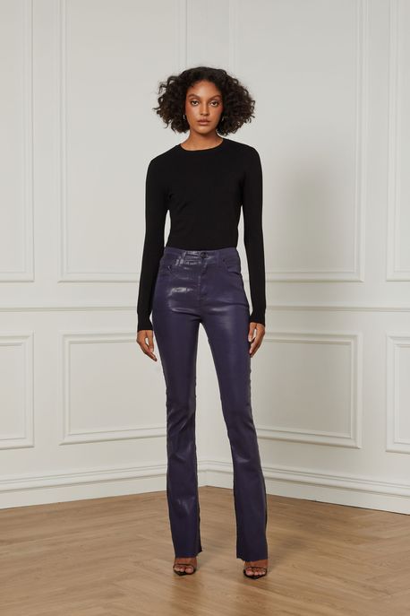 Calça De Sarja Boot Basic High Com Like Leather Azul Eclipse - 34