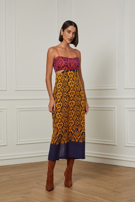 Vestido Algodão Com Linho Midi Bordado Manual Ikat Azul Eclipse - 38