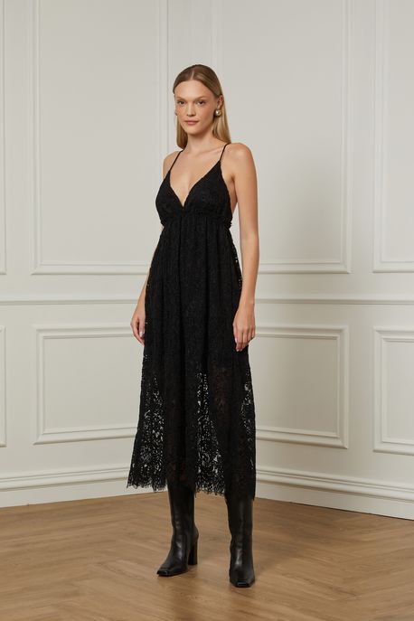 Vestido De Renda Midi Decote v Com Alça Preto Preto - 36