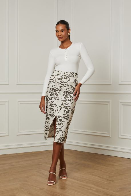 Saia De Sarja Midi Assimetrica Onca Est Onca Tapecaria Off White - 36