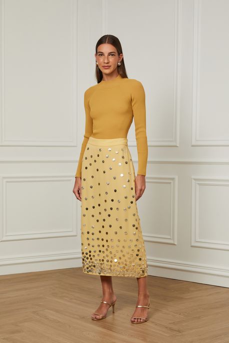 Saia Midi Reta Com Medalhas Bordadas Ouro - 38