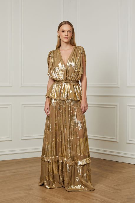 Saia De Lurex Longa Babados Marrom Marrom Madeira - 34
