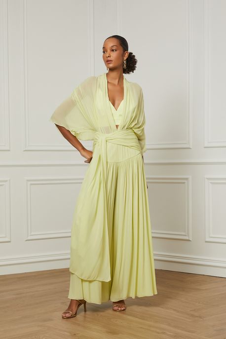 Calça De Georgette Pantalona Ampla Com Franzido e Amarração Amarelo Polen - 42