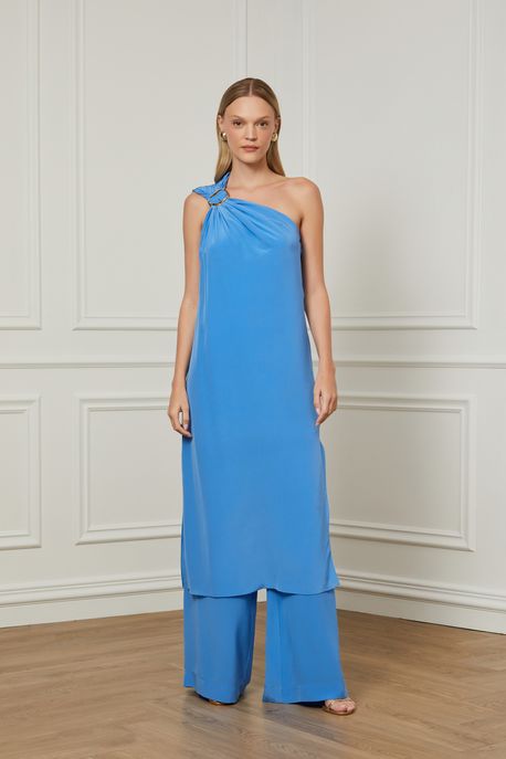Calça De Seda Reta Com Elástico No Cós Azul Azure - 42