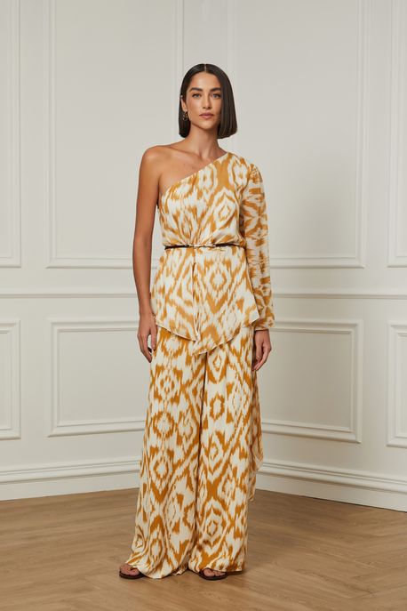 Calça De Georgette Estampada Com Elástico No Cós Est Ikat Pipa Sunflower m - 38