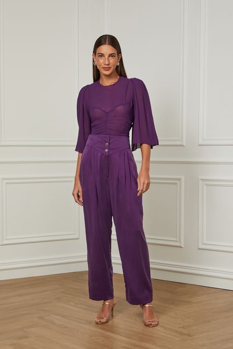 Calça De Seda Com Pala Roxa Pregas Roxo Plum - 36
