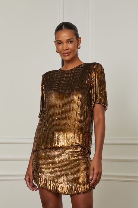 T-Shirt Bordada Paetê Dourado Dourado - 40