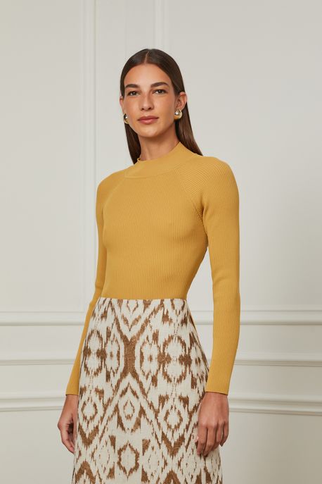 Blusa De Tricot Com Gola Alta e Amarração Nas Costas Mostarda Mostarda Ouro - P