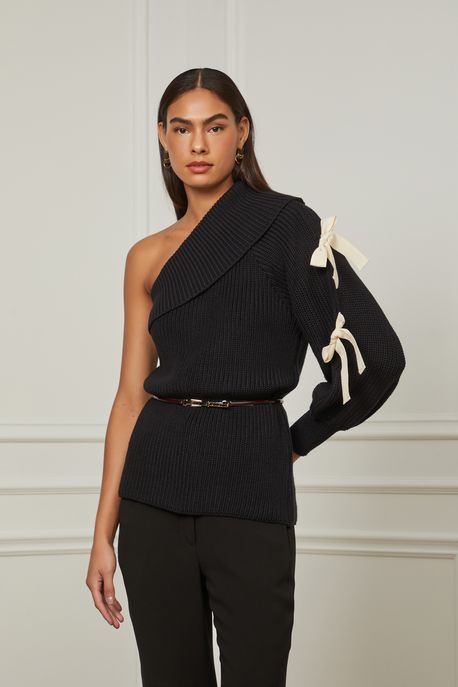 Pull De Tricot Um Ombro Só Com Manga Longa e Detalhe Laço Basic Preto - G