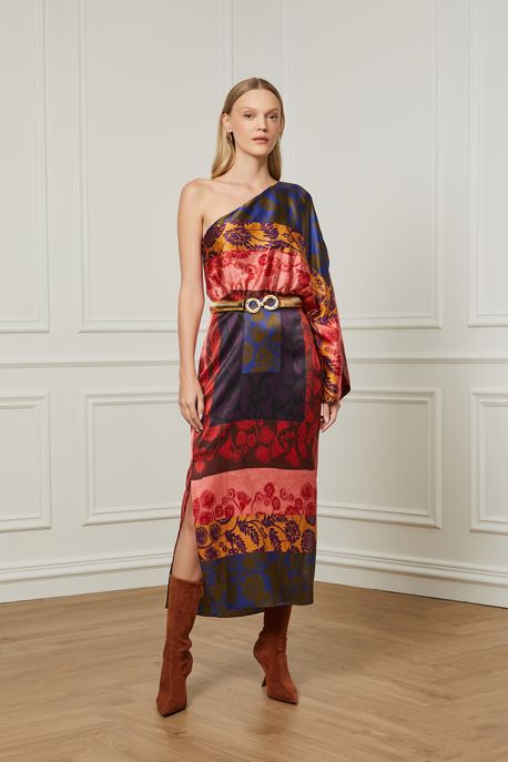 Vestido De Seda Midi Um Ombro Só Estampado Fenda Lateral Est Lenco Floral Etnico Color - 42