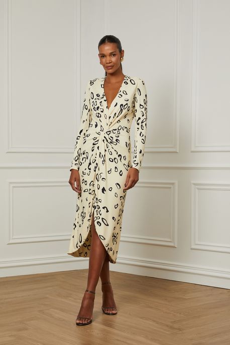 Vestido De Jersey Midi Estampado Com Drapeado Est Onca Pintura Manha e Preto - 42