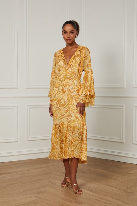 Vestido De Georgette Leve Midi Manga Longa Estampado Est Textura Plumas Manha - 38