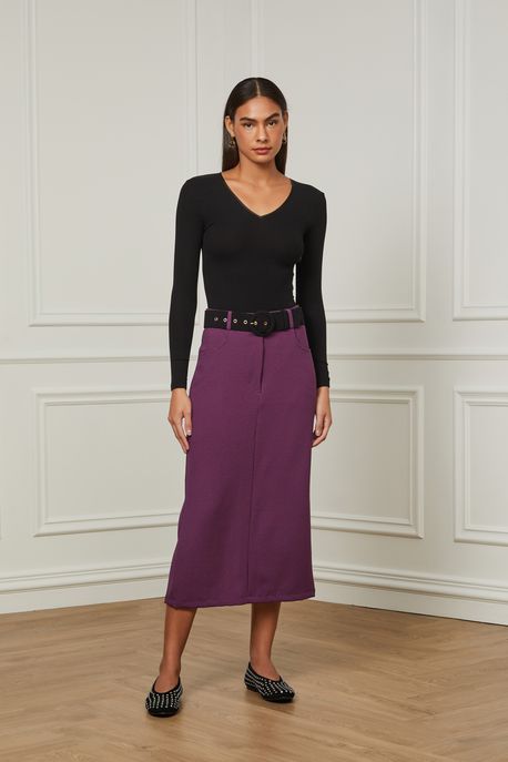 Saia De Crepe Reta Alfaiataria Roxo Plum Roxo Plum - 34