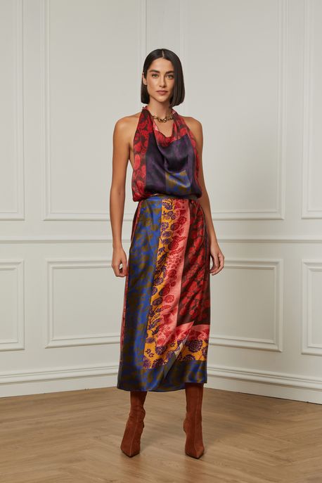 Saia De Seda Midi Transpasse Estampada Est Lenco Floral Etnico Color - 34