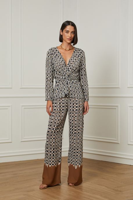 Calça De Georgette Pesado Ampla Estampada Est Bar Xadrez Patch Color - 36