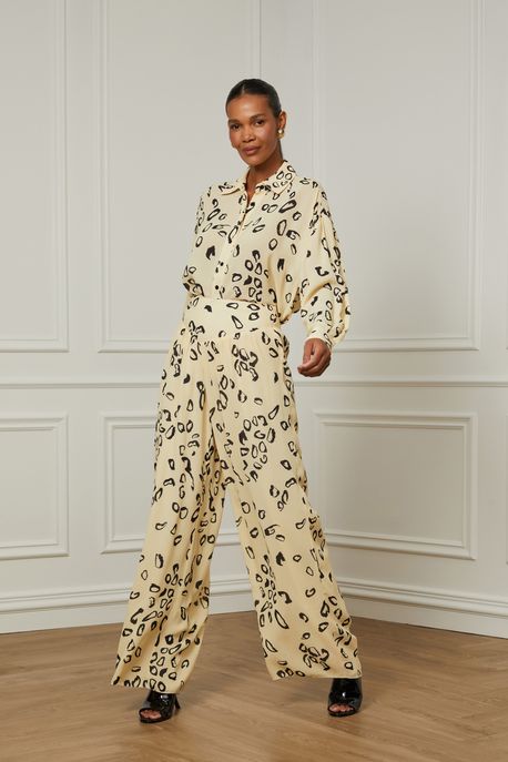 Calça De Georgette Ampla Estampada Com Franzido No Cós Est Onca Pintura Manha e Preto - 36