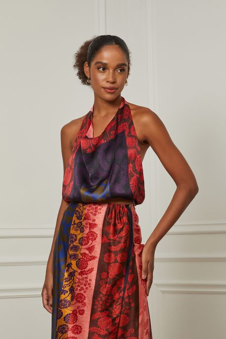 Top De Seda Frente Única Estampado Est Lenco Floral Etnico Color - 36