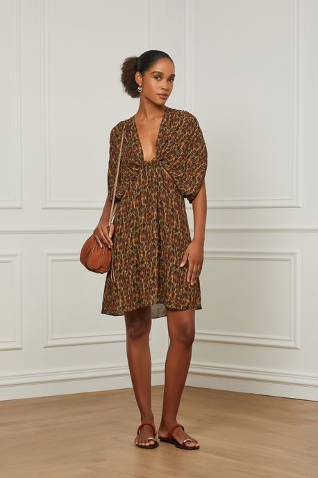 Vestido Curto Com Decote v e Detalhe Tuneis Estampa Rabisco Est Textura Rabisco Figo - 34