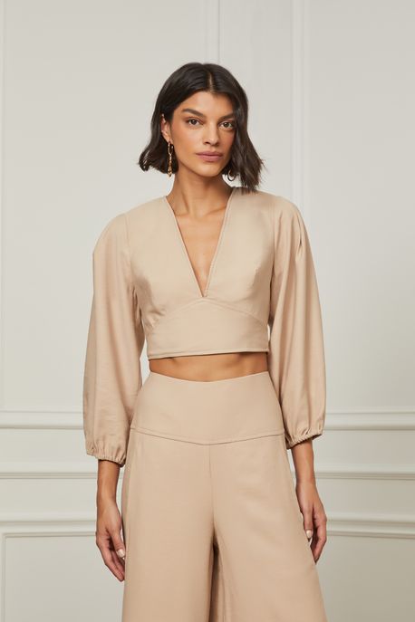 Blusa Cropped Decote v Manga Bufante Liso Bege - 36