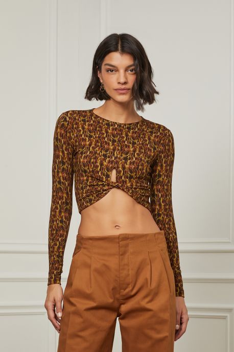 Blusa Cropped De Malha Decote Redondo e Manga Longa Detalhe Torção Estampada Est Textura Rabisco Figo - G