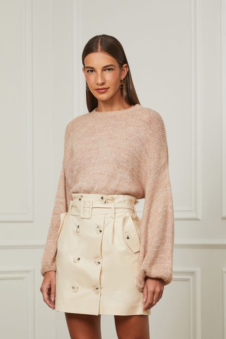 Blusa De Tricot Com Gola Redonda e Manga Large Lurex Nude Nude Lace - P