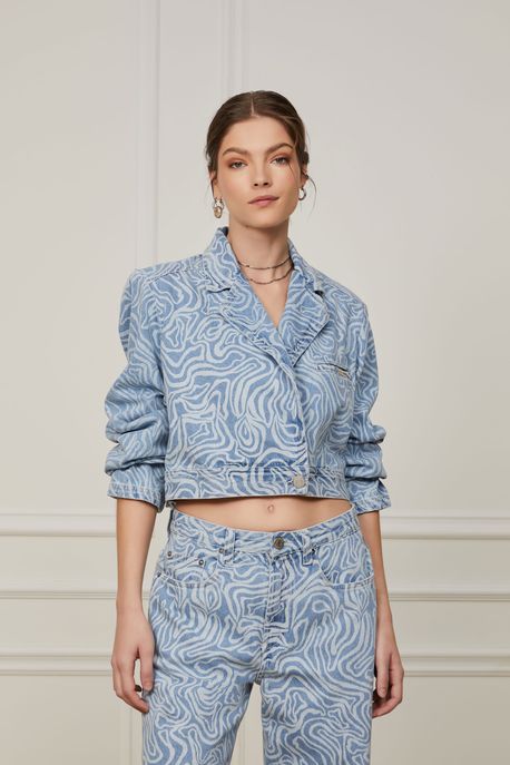 Blazer Jeans Cropped Estampa Orgânico Est Organico Bicolor Jeans Aj - P