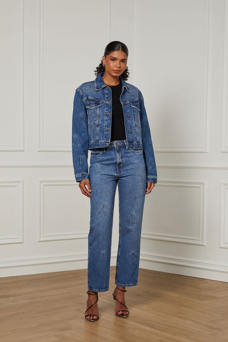 Jaqueta Jeans Com Logos Jeans Medio - G